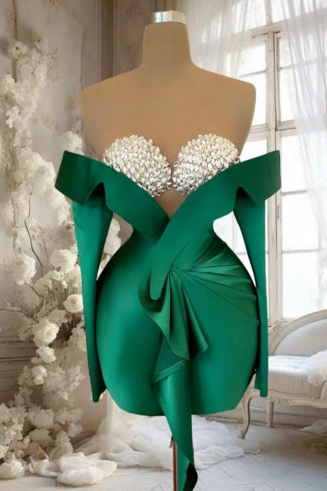 Emerald Green Crystal Prom Dresses Short For Teens 16 18 Off The Shoulder Long Sleeve Crystal Beading Satin Pleated Short Homecoming Dresses Mini