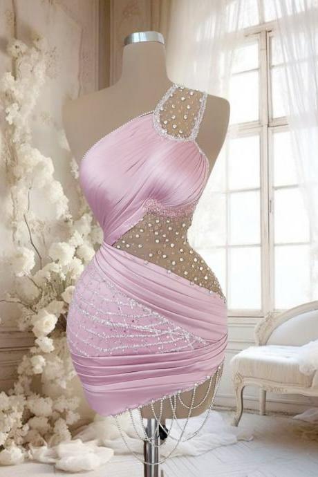 Light Pink Beaded Prom Dresses Short For Girls 2025 Sheath One Shoulder Sparkly Sequins Mini Homcoming Dresses Pleated Straight Graduation