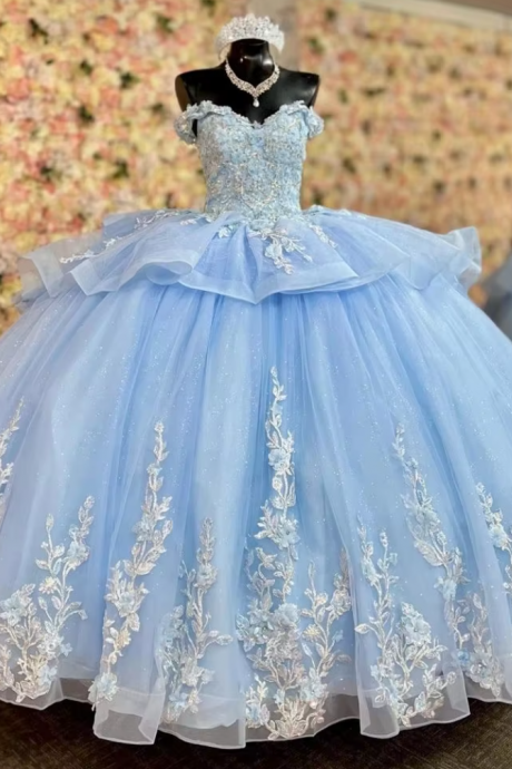 Glittering Blue Quinceanera Dress Ruffles Off The Shoulder Sweetheart Robes De Soirée Vestidos De 15 Anos main image 0