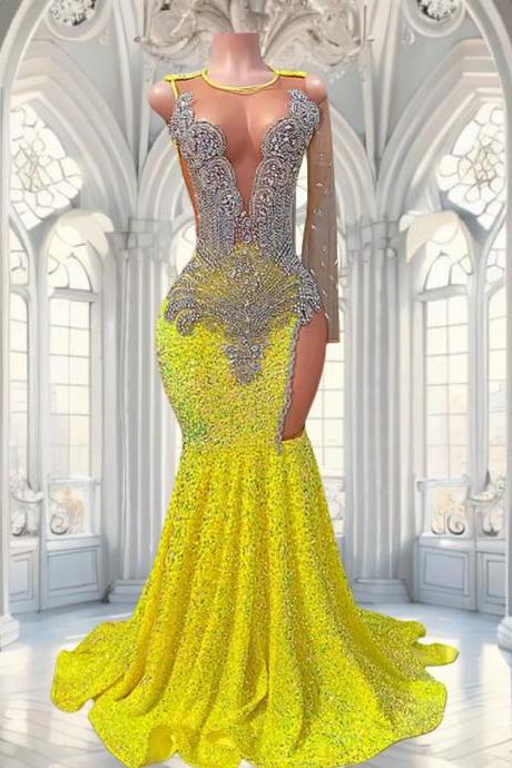 Glitter Blue Sequins Long Prom Dress with Flower Appliques Y1755