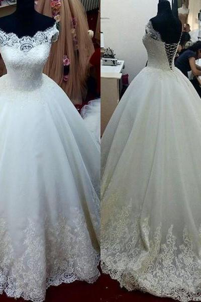 2016 Custom Make Cap Sleeve Lace Beaded Tulle Ivory Elegant Wedding Ball Gowns Cheap Wedding Dress