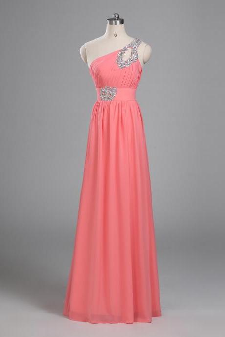 One Shoulder Prom Dresses, Real Picture Evening Dresses, Keyhole Evening Dresses, Pleats Evening Gowns, Watermelon Prom Dresses, Crystal Prom