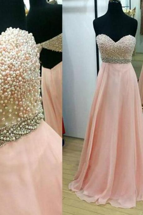 Pearls Prom Dresses, Sweetheart Prom Dresses, Chiffon Prom Dresses, Backless Prom Dress, Pink Prom Gowns, 2017 Prom Gown, Fashion Evening