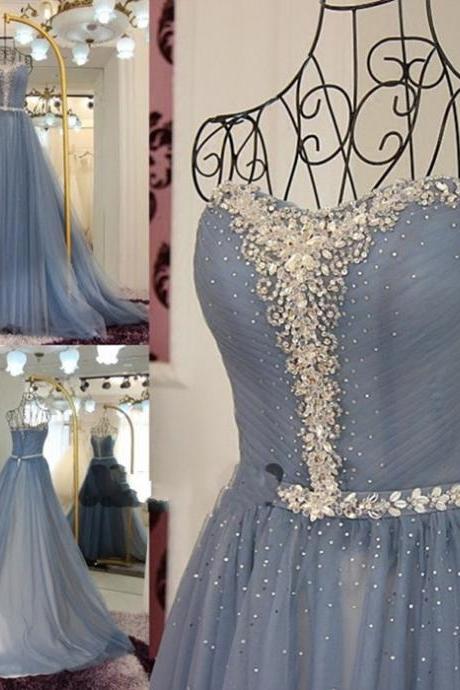Tulle Prom Dresses, Crystals Prom Dresses, Elegant Prom Dresses, Dusty Pink Prom Dresses, Floor Length Prom Dresses, Prom Dresses, Vestido De