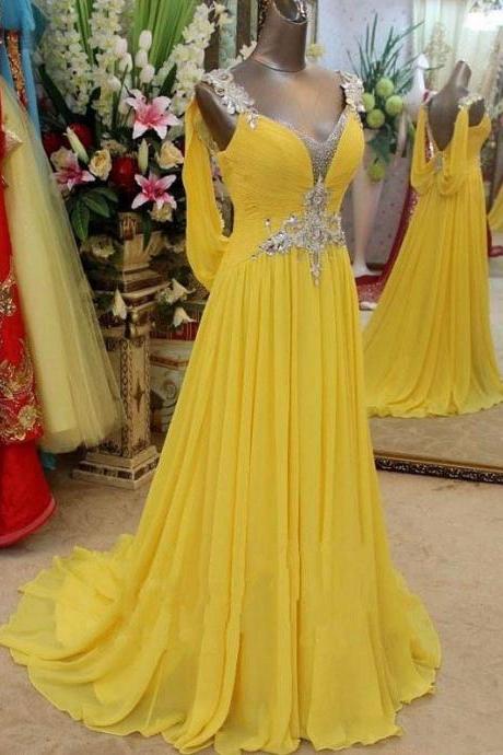 Yellow Prom Dress, Elegant Prom Dress, Chiffon Prom Dress, Crystals Prom Dress, Long Prom Dress, Cheap Prom Dress, Prom Dresses 2017, Elegant Prom Dress