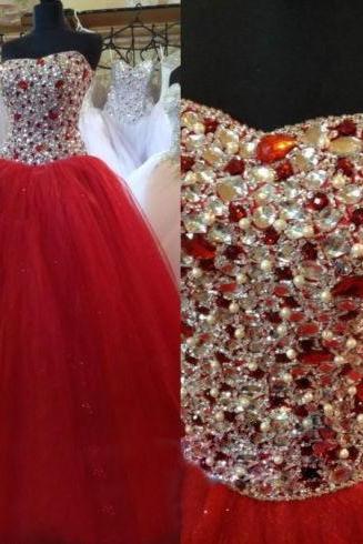 Red Prom Dresses, Rhinestones Prom Dress, Tulle Prom Dress, Luxury Prom Dress, Elegant Prom Dress, Simple Prom Dress, Prom Dresses 2017, Floor Length Prom Dress, Puffy Prom Dress, Custom Make Prom Gown, Prom Ball Gowns