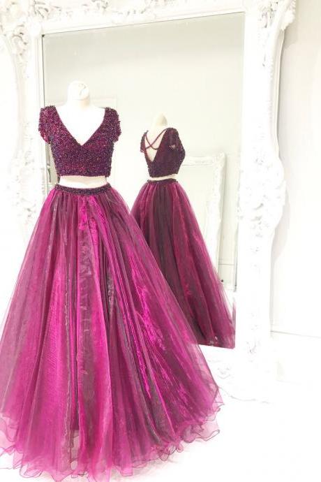 Purple Prom Dress, Beaded Prom Dress, Elegant Prom Dress, V Neck Prom Dress, Short Sleeve Prom Dress, Prom Dresses 2017, Floor Length Prom Dress, Tulle Prom Dress, Vintage Prom Dress
