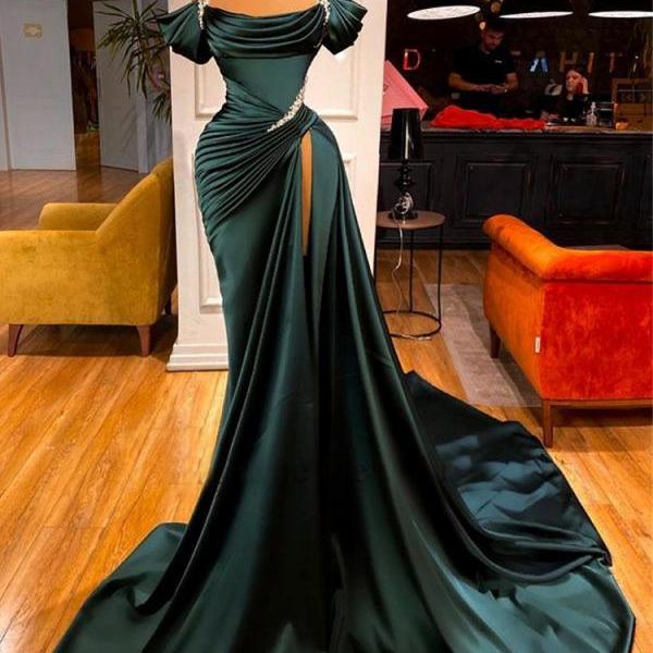 dark red prom dresses, off the shoulder prom dresses, pleats prom dresses, side slit prom dresses, green evening dresses, sexy evening gowns, new arrival prom dresses, 2022 formal dresses, cheap evening gowns