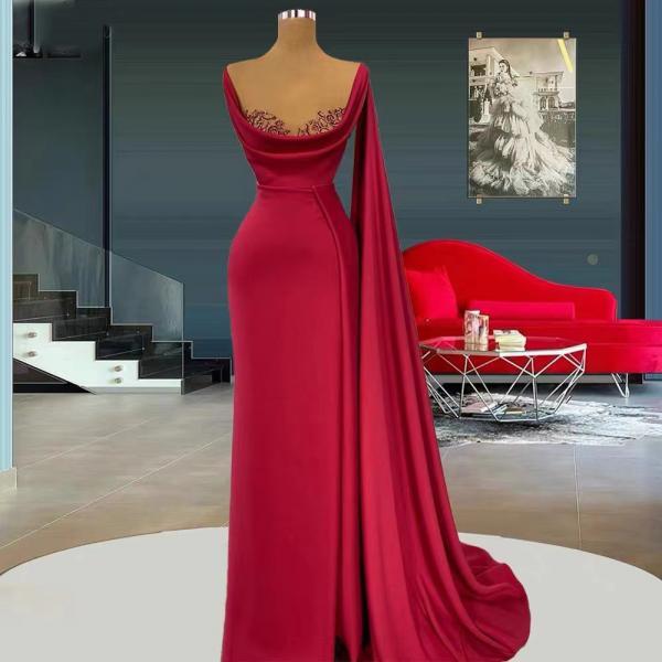 red evening dress, prom dresses 2022, new arrival evening dresses, red prom dresses, sashes prom dresses, court train prom dresses, satin evening dresses, cheap prom dresses, 2022 evening gowns, tassel prom dresses, new arrival party dresses