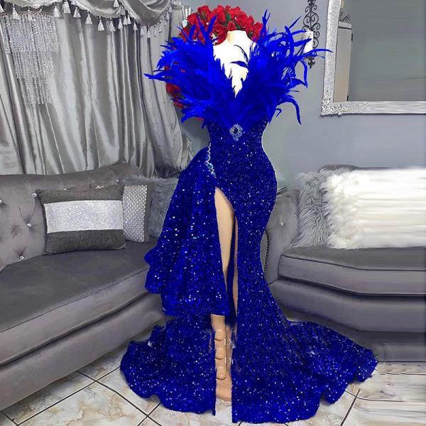 Royal Blue Prom Dresses, Side Slit Prom Dresses, Feather Prom Dresses ...