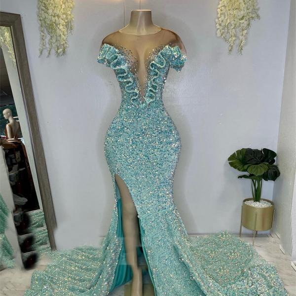 sequins prom dresses, light blue prom dresses, mermaid prom dresses, side slit prom dresses, ruffle prom dresses, custom make evening dresses, arabic evening gowns, fashion party dresses
