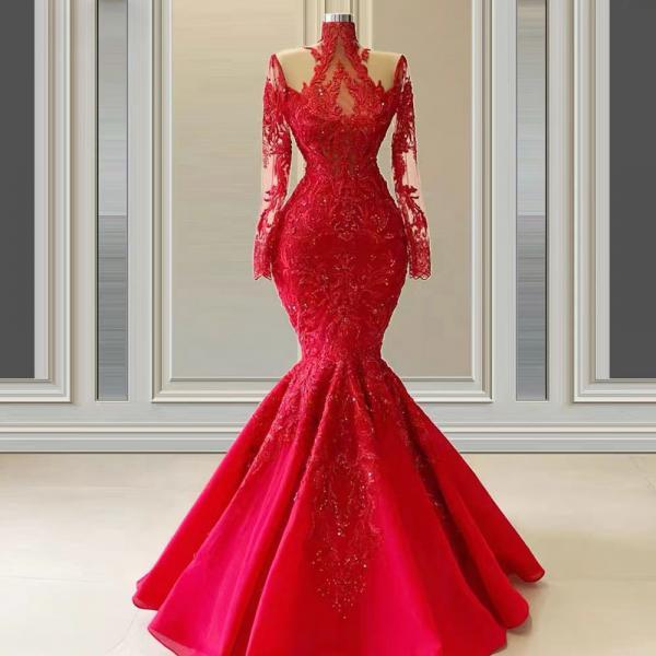 mermaid prom dresses, long sleeve prom dresses, beaded prom dresses, lace evening dresses, high neckline prom dresses, red prom dresses, vestidos de fiesta, sparkly evening gowns