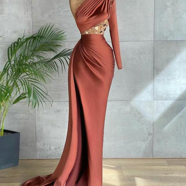 Brown Mermaid Beaded One Shoulder Evening Dresses High Side Split Prom Dress Custom Made 2022 robes de soirée