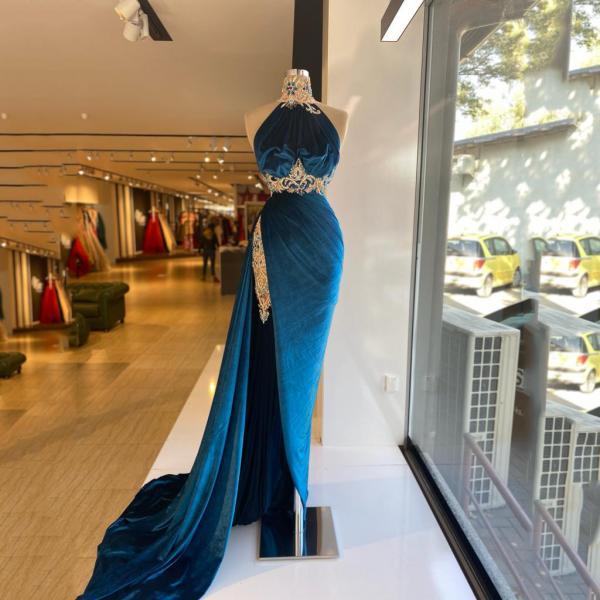 Arabic Velvet Halter Neck Mermaid Evening Dress Soft High Division Beads Prom Dresses 2022 Women's Party Dresses robes de soirée