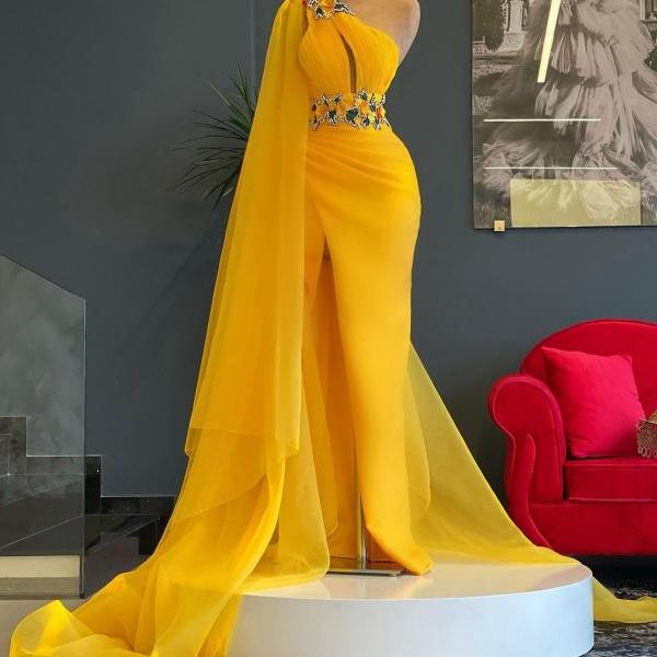Charming Yellow Mermaid Prom Dresses Crystals One Shoulder Evening Dresses Sleeveless Side Split Women Pageant Dressing Gowns