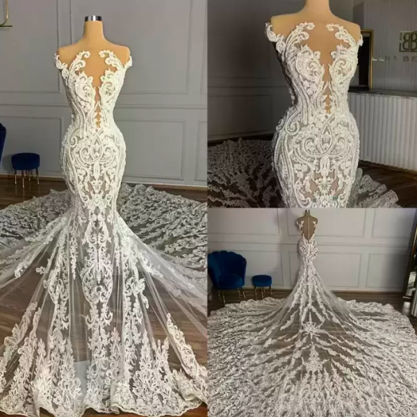 2022 Gorgeous Lace Applique Wedding Dresses Illusion Bridal Gown Chapel Train Custom Made Jewel Neck Sleeveless African Plus Size Dubai Vestido de novia