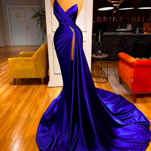 Royal Blue Evening Dresses Designer 2022 Mermaid Satin Sleeveless High Split Custom Made Plus Size Formal Occasion Wear Arabic Crystal Prom Party Ball Gown vestidos
