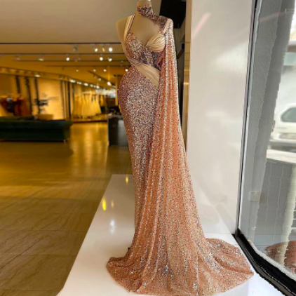 Glitter Mermaid Elegant Evening Dresses One Shoulder Wrap Long Train Sequins Sparkling Women Prom Pageant Gowns Custom Made