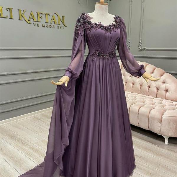 Abendkleider Purple A-Line Long Sleeve Formal Dress Lace Beaded Chiffon Moroccan Caftan Muslim Evening Prom Gowns New