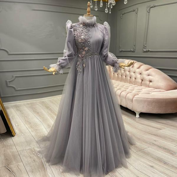 Robes De Soirée A-Line Prom Dresses for Women 2022 Arabic Long Sleeves Formal Dress Flowers Beads Muslim Evening Gowns