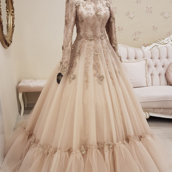 Funyue Delicate Champagne Appliques Lace Prom Dress 2022 Elegant Long Sleeve A-Line Tulle Long Formal Evening Gown فساتين السهرة