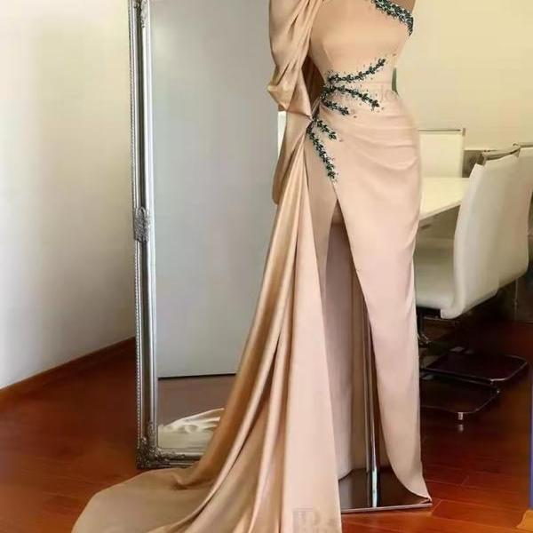Saudi Arabic Women Evening Dresses Puff Long Sleeves Crystal High Neck Slit One Shoulder Prom Dress Tea Length Formal Party Gown