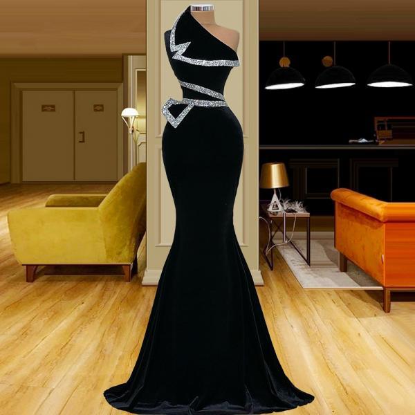 Black Velour One Shoulder Mermaid Evening Dresses Diamond Custom Made Women Formal Party Night Long Prom Gowns robes de soirée