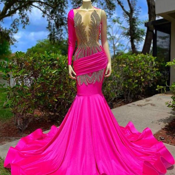 Sexy Open Back Hot Pink Prom Dresses Mermaid 2022 Luxury for Black Girl Beads Long Sleeve Women Formal Evening Gown for Wedding