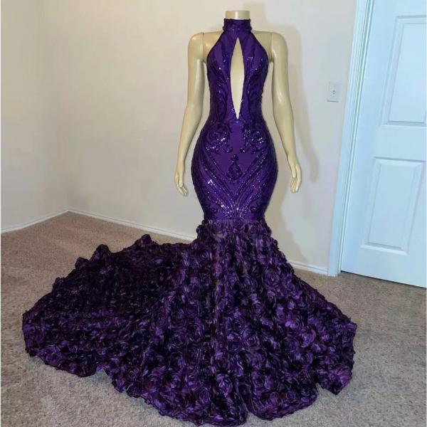 Purple Sequin Prom Dresses Mermaid 2022 Luxury for Black Girl High Neck with Flowers Women Evening Gowns for Wedding Gala Dress