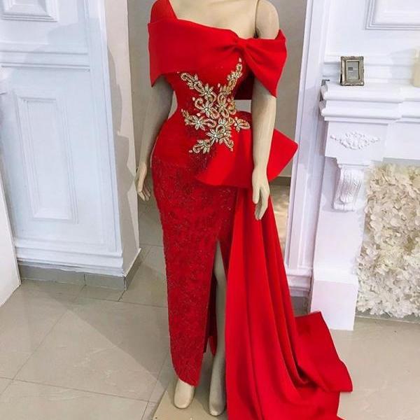 African Red Mermaid Evening Dresses Long Luxury 2022 Off Shoulder Beaded with Satin Overskirt Formal Dress Party Gown