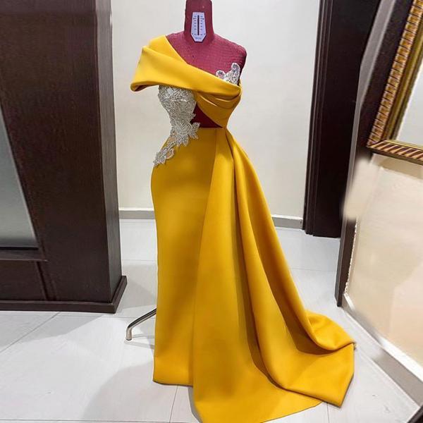 Gold Satin Mermaid Arabic Evening Dresses New 2022 Beaded One Shoulder Elegand African Women Formal Dreses Wedding Party Gowns