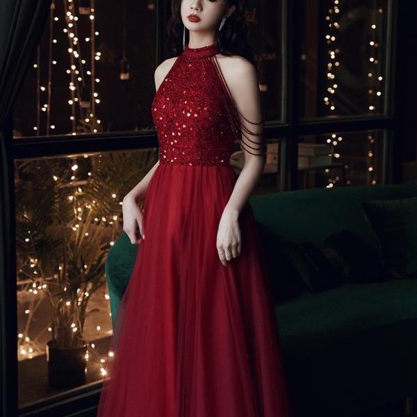 red prom dresses 2022 tassel halter neckline beading sequins long sparkly evening dresses gowns new arrival evening gowns