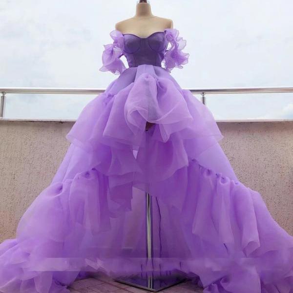 Lilac Hi-Low Prom Dresses Long Purple Organza Tiered Sweetheart Formal Party Wear for Women 2021 New Year Graduation Robes