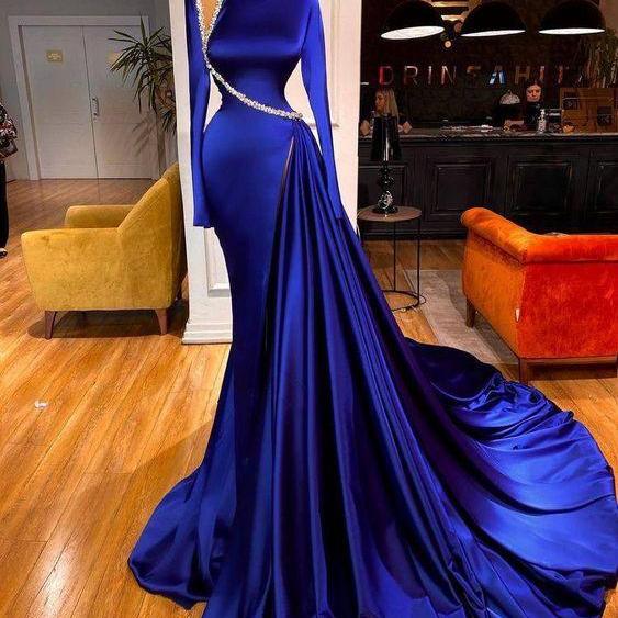 sexy prom dresses, new arrival evening dresses, custom make evening dresses, blue party dresses, long sleeve prom dresses, satin evening dresses, bateau prom dresses, 2023 prom dresses