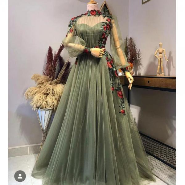 green prom dresses, long sleeve prom dresses, a line prom dresses, arabic prom dresses, a line evening dresses, cheap evening gowns, sexy formal dresses, arabic evening gowns, green evening gowns, embroidery prom dresses