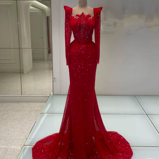 Red Mermaid Prom Dresses Long Sleeves Bateau 3D Lace Hollow Beaded Appliques Sequins Floor Length Celebrity Sparkly Formal Evening Dresses Plus Size Custom Made