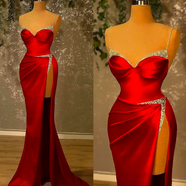 Glitter Mermaid Spaghetti Straps Red Beads 2026 Sequined For Women Party Dresses Long Formal Prom Dress 22th Birthday Gown AB1368