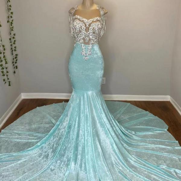 Blue Prom Dresses, Lace Prom Dresses, Beaded Prom Dresses, Tassel Prom 