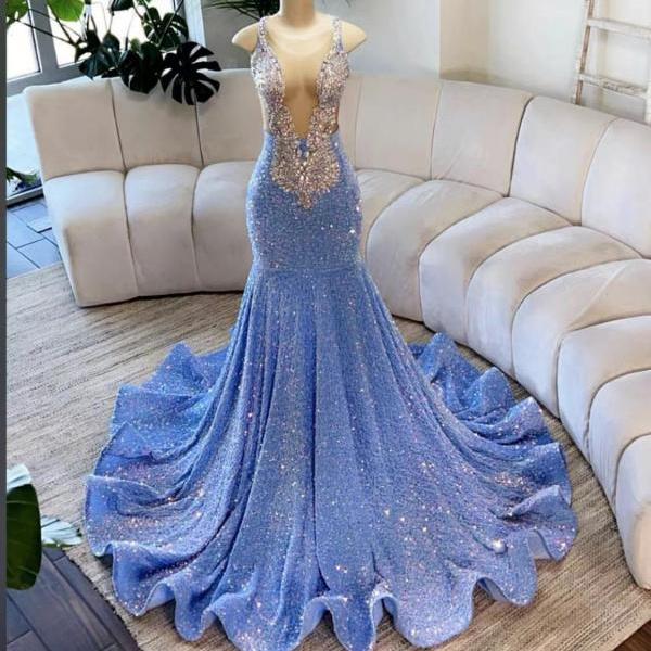 Blue Prom Dresses, Crystal Prom Dresses Custom Make Prom Dresses ...