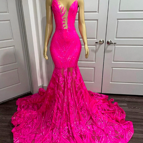 pink prom dresses, sheer crew neck prom dresses, lace evening dresses, sexy prom dresses, fashion evening gowns, 2023 prom dresses, evening gowns for women, 2023 new arrival women party dresses
