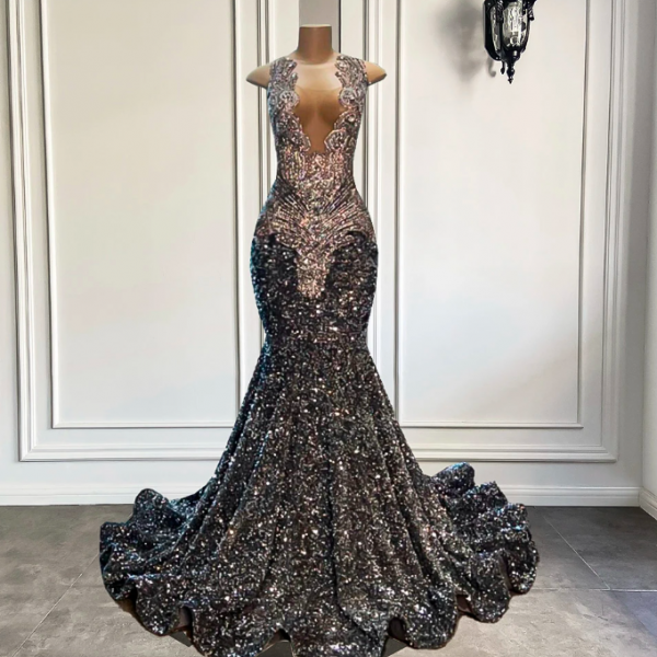 Black And Gold Sequin Black Girl Long Prom Dresses 2023 Sexy Sheer ...