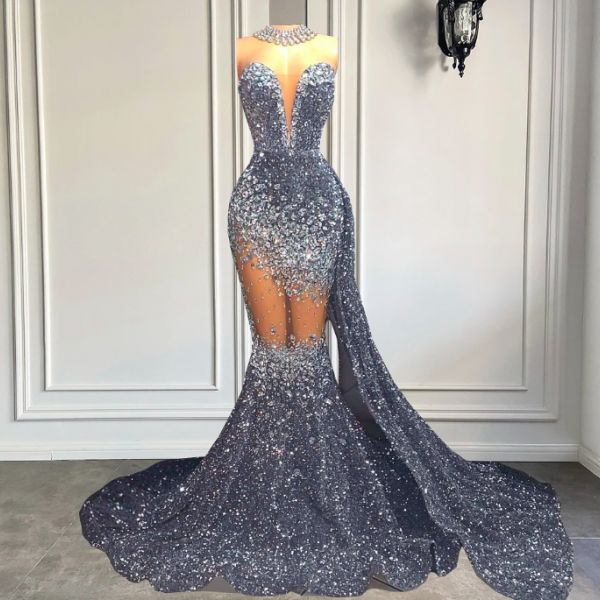 Long Sparkly Prom Dresses 2023 Luxury Silver Diamond Crystals Black ...