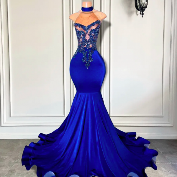 Long Prom Formal Dresses 2023 Elegant High Neck Luxury Beaded Embroidery Royal Blue Spandex Black Girl Mermaid Evening Gala Gowns Robe De Soiree Vestidos Fieast