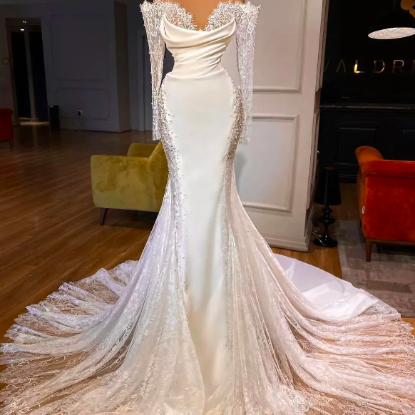 Elegant 2023 Mermaid Wedding Dresses Off The Shoulder Long Sleeve Lace ...