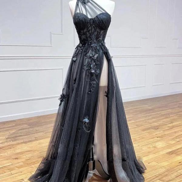 one shoulder black lace appliques tulle prom dresses long hand made flowers tulle formal evening party dresses sparkly lace evening gowns