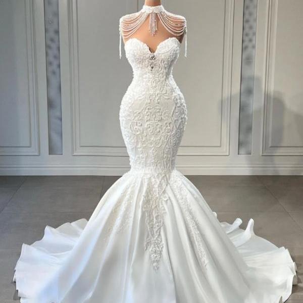 mermaid wedding dress with jacket for bride lace appliques pearls satin sweetheart court train bridal dresses gowns 2024
