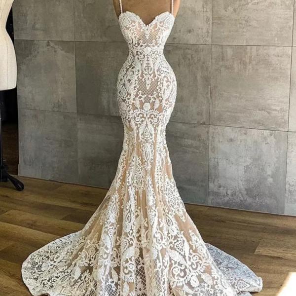 vintage lace mermaid wedding dresses for bride 2024 spaghetti straps court train bridal gowns for women