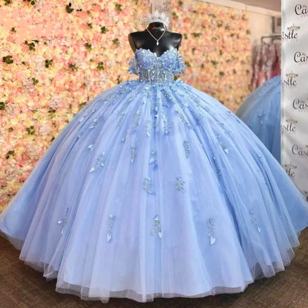 Sparkly Sky Blue Quinceanera Dress Ball Gown Appliques Beading Sequins Sweet 15 16 Dress Vestido De 15 Anos