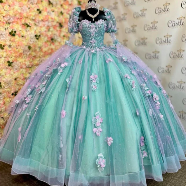 Mint Blue Quinceanera Dresses 2024 Half Sleeve Ball Gown Appliques Beading Sweet 16 15 Dress Vestidos De Fiesta
