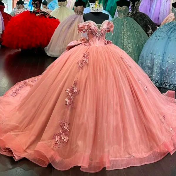 Pink Quinceanera Dress Ball Gown Hand Made Flowers Appliques Beading Ruffles Bow Sweet 16 Vestidos De 15 Años prom dress
